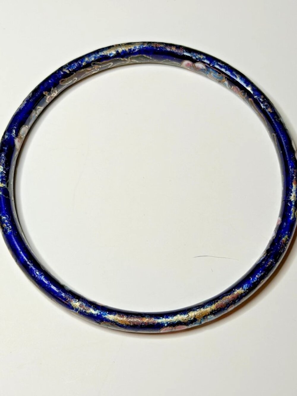 Vintage Chinese Cloisonné Bangle Bracelet Cobalt Blue Enamel Floral Background